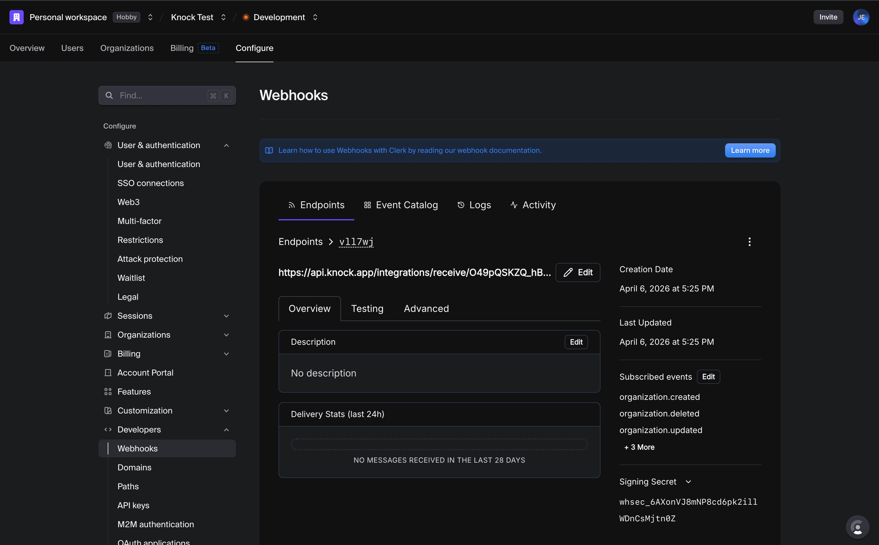 The Clerk dashboard webhook endpoint detail page showing the signing secret