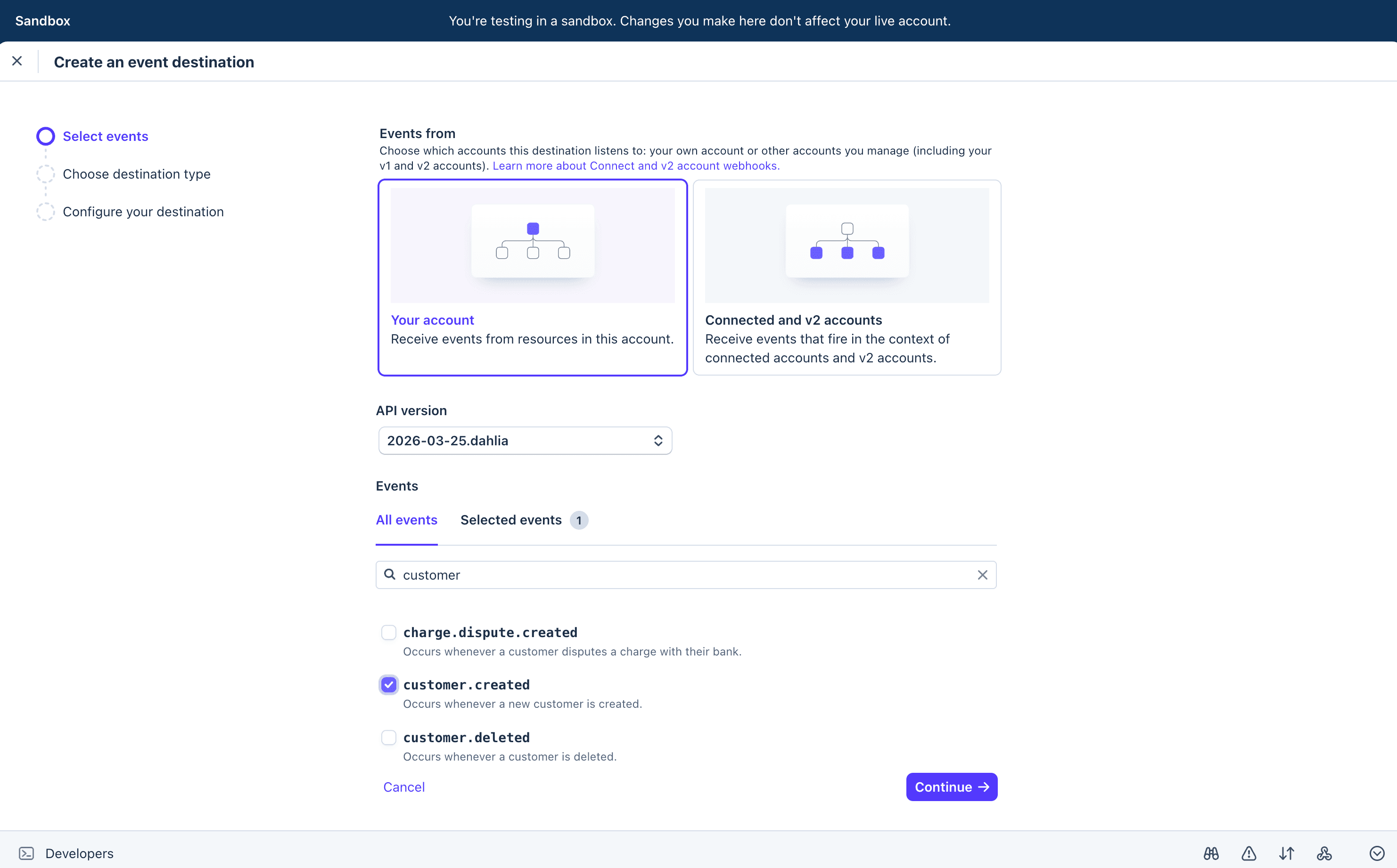 The Stripe event destination wizard showing event selection with customer.created checked