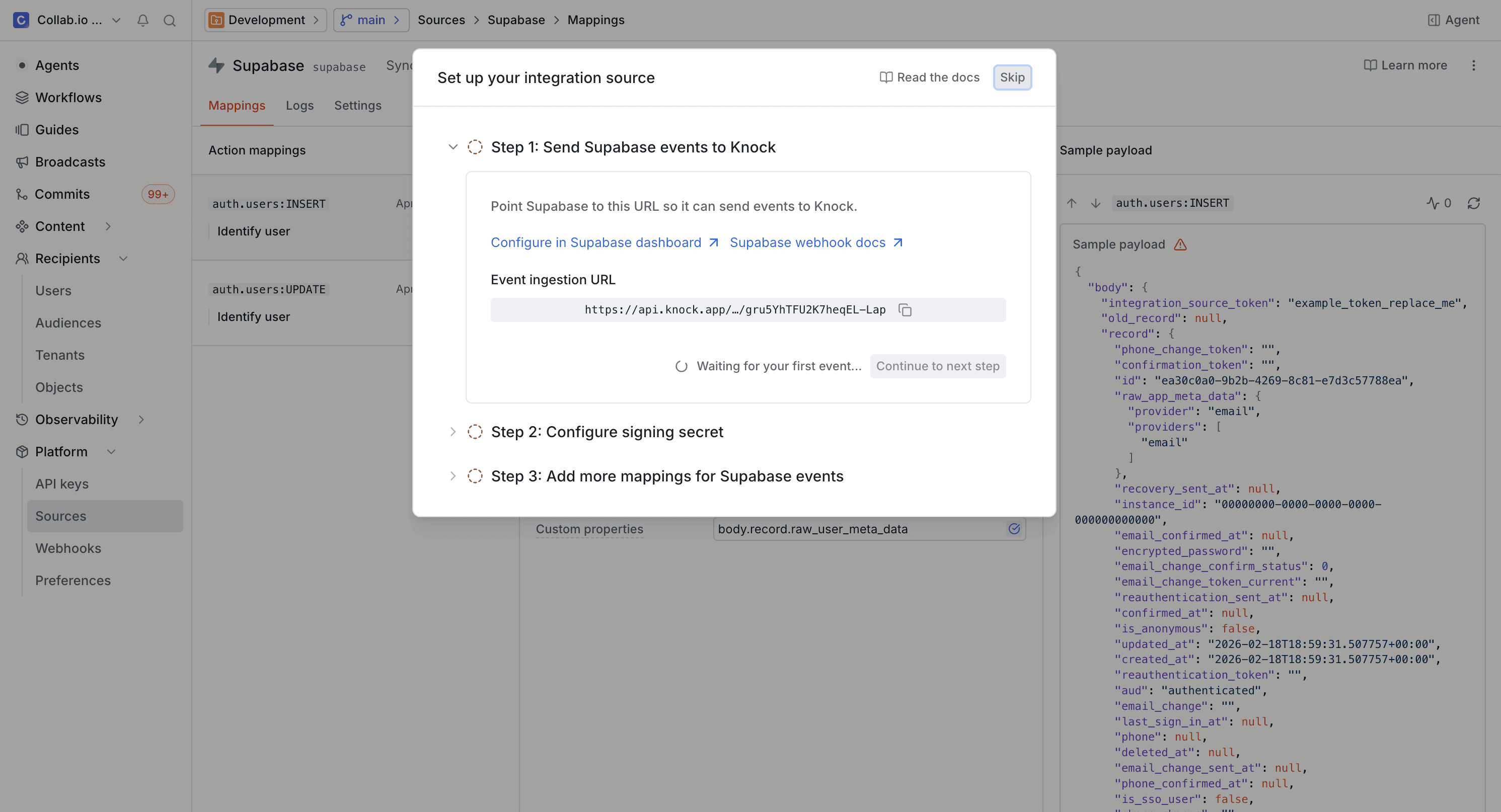 The Supabase source setup wizard showing the event ingestion URL to copy