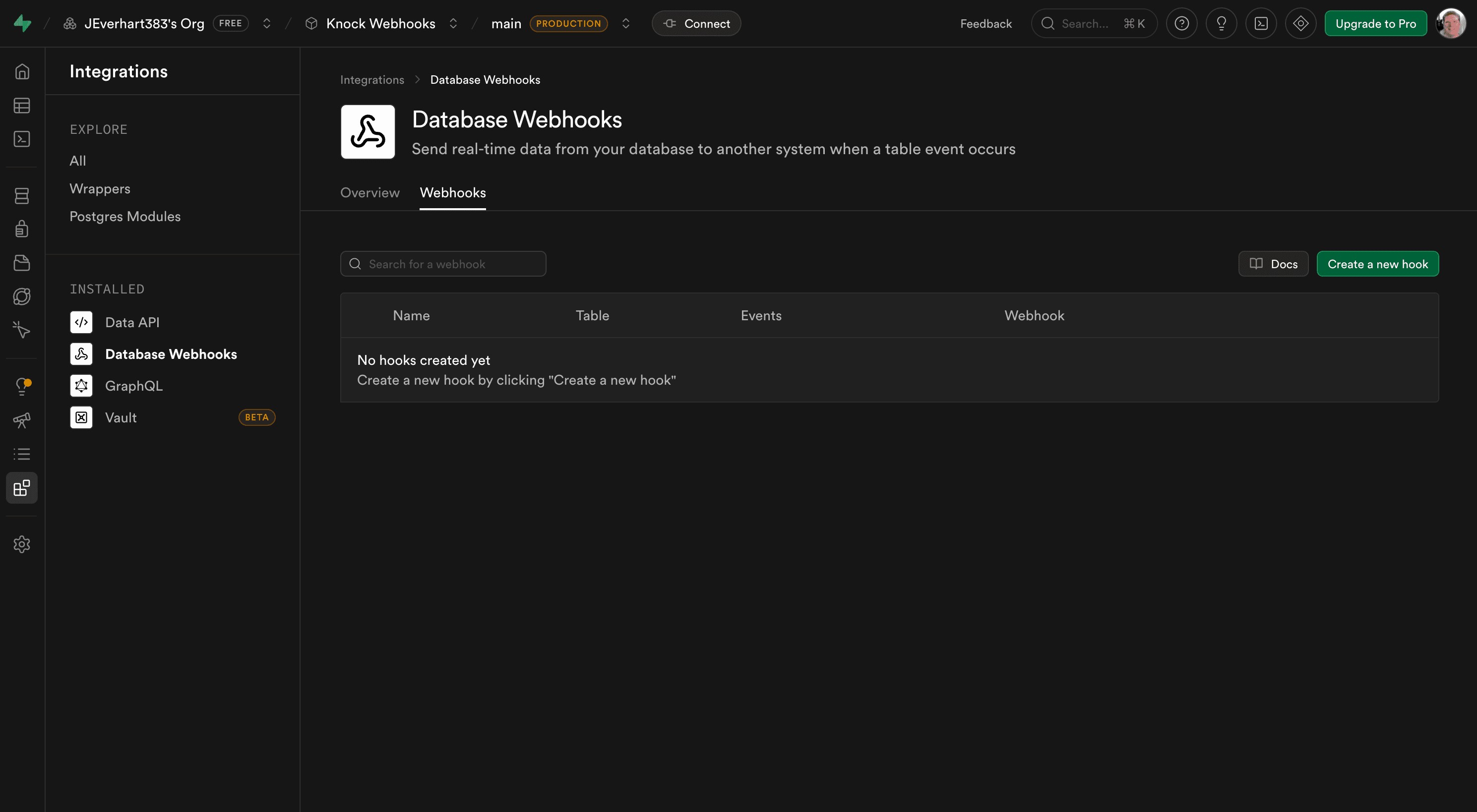 The Supabase dashboard Database Webhooks page with the Create a new hook button
